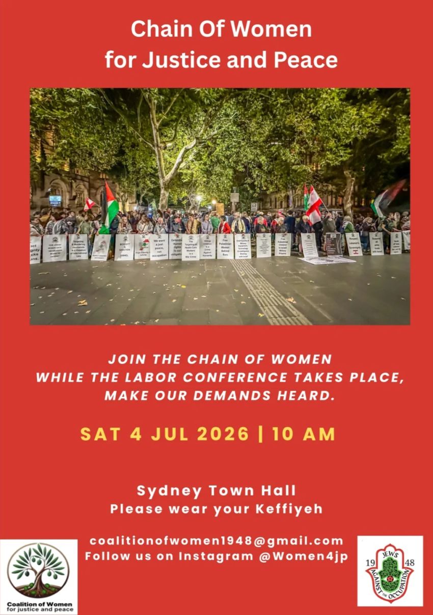 Artwork and poster for event "Chain of Women for Justice and Peace" 10am 04/07/2026 Sydney Town Hall, 483 George St, Sydney NSW 2000