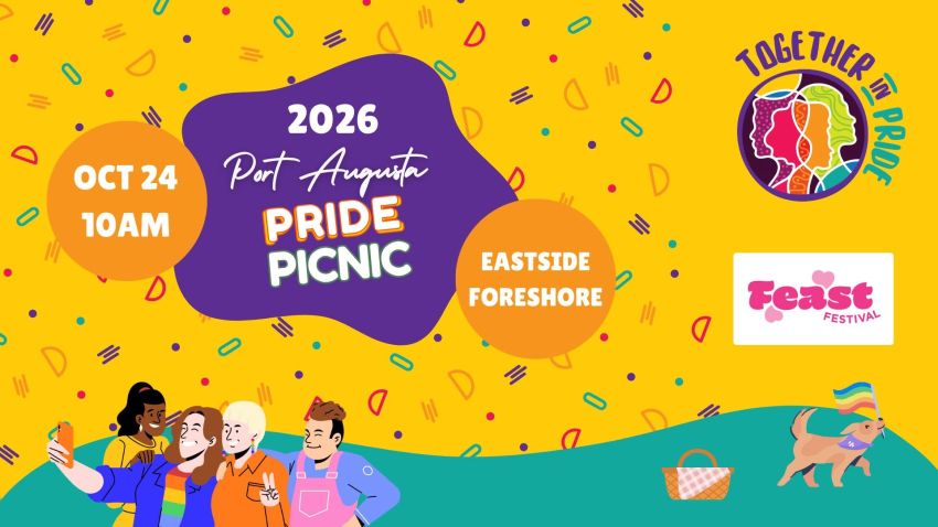 Artwork and image for event "2026 Port Augusta Pride Picnic" 10am 24/10/2026 Eastside Foreshore, El Alamein Rd, Port Augusta West SA 5700