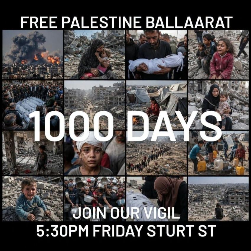 Artwork and slide for event "Candlelight Vigil: 1,000 Days of Genoclde" 5:30pm 03/07/2026 Bridge Mall end of Sturt Street, Grenville Street North & Bridge Mall, Ballarat Central VIC 3350