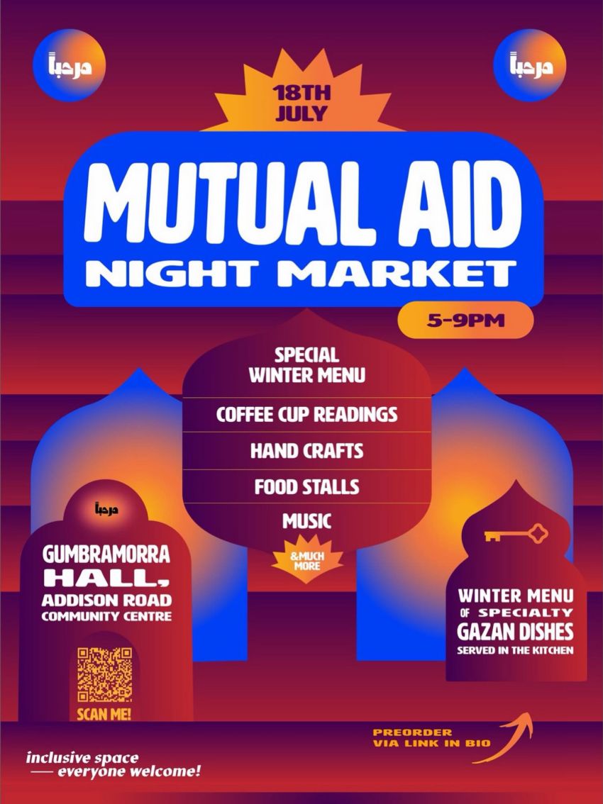 Artwork and poster for event "Mutual Aid Night Market", 5pm-9pm 18/07/2026 Addi Road Gumbramorra Hall, 142 Addison Rd, Marrickville NSW 2204 