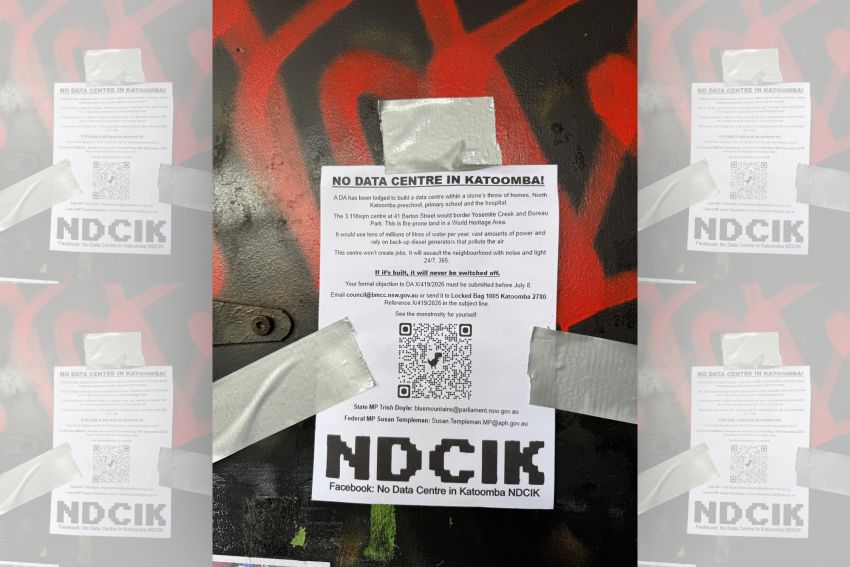 Poster taped to wall for No Data Centres in Katoomba campaign