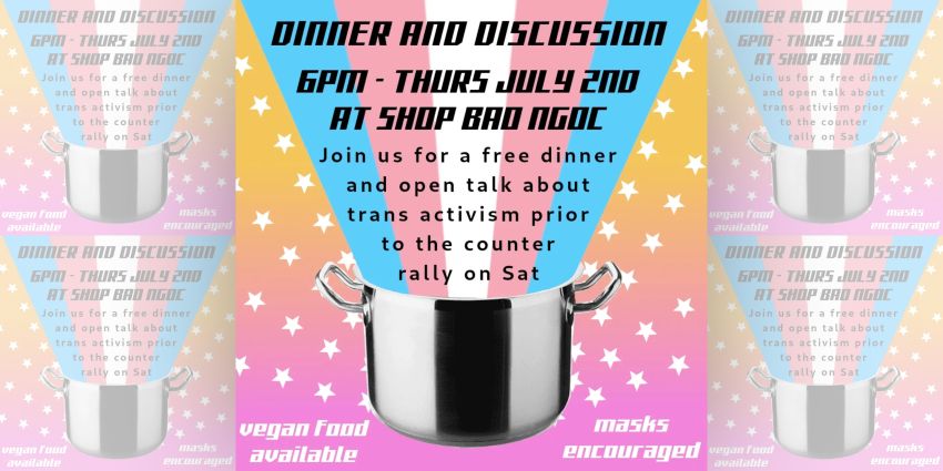 Artwork and image for event "Trans activism Dinner and Discussion" 6pm 02/07/2026 Shop Bao Ngoc, 387 Victoria St, Brunswick VIC 3056