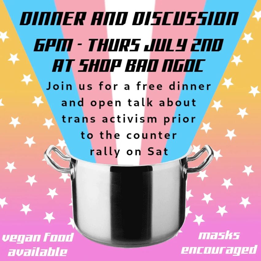 Artwork and slide for event "Trans activism Dinner and Discussion" 6pm 02/07/2026 Shop Bao Ngoc, 387 Victoria St, Brunswick VIC 3056