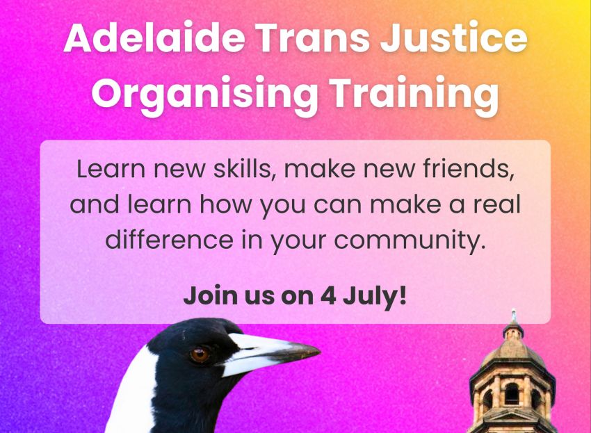 Artwork and image for event "Adelaide Trans Justice Organising Training" 10am-4:30pm 04/07/2026 SA Unions, 254 Waymouth Street, Tarntanya SA 5000