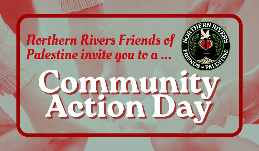 Artwork and image for event "Community Action Day: Learn, share and organise for Palestine" 12pm-4pm 19/07/2026 Marvell Hall, 37 Marvell St, Byron Bay NSW 2481