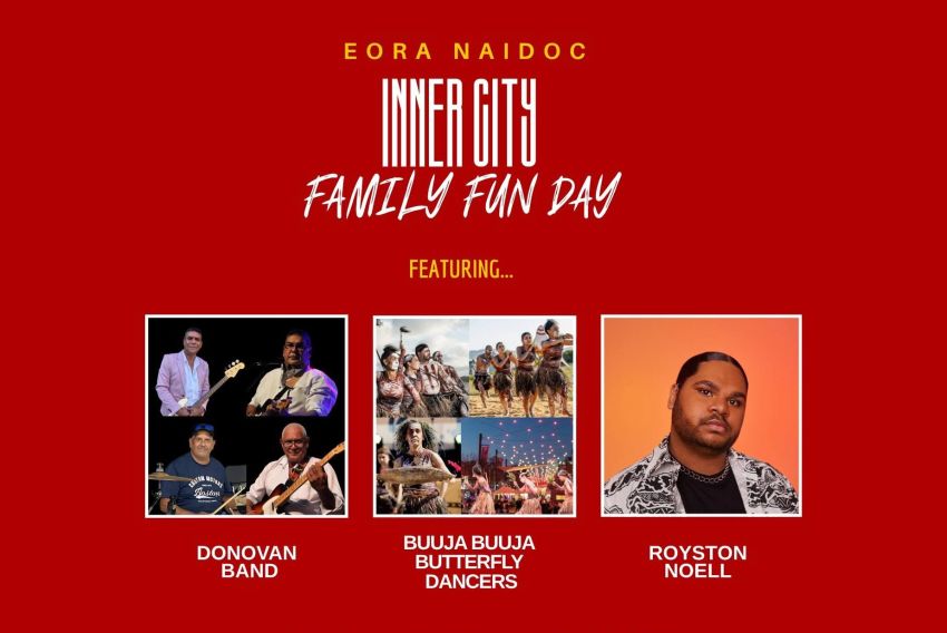 Artwork and image for event "Eora NAIDOC Inner City Family Fun Day" 10am-2pm 09/07/2026 Carriageworks, 245 Wilson St, Eveleigh NSW 2015