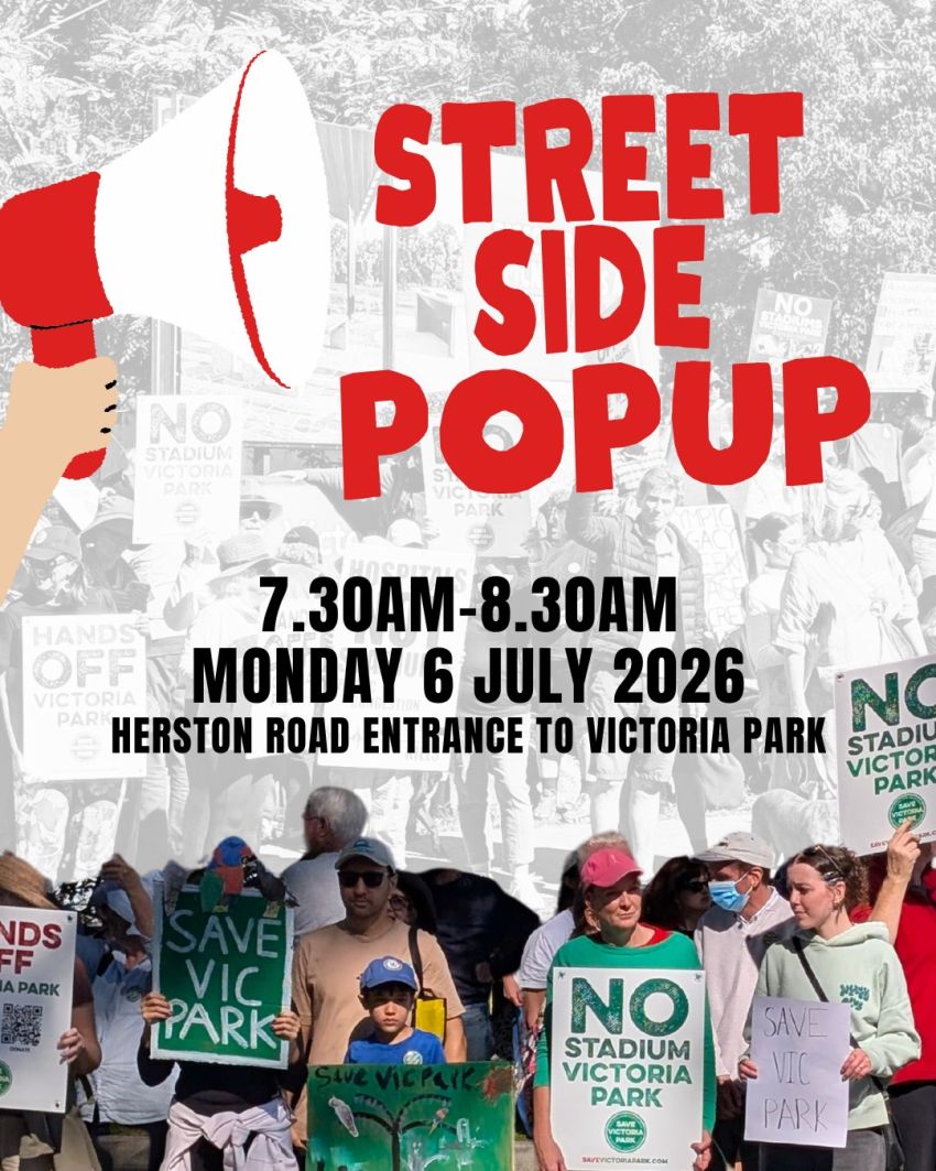Artwork and image for event "Save Victoria Park Street-Side Pop Up" 7:30am-8:30am 06/07/2026 Herston Road Entrance to Victoria Park Barrambin