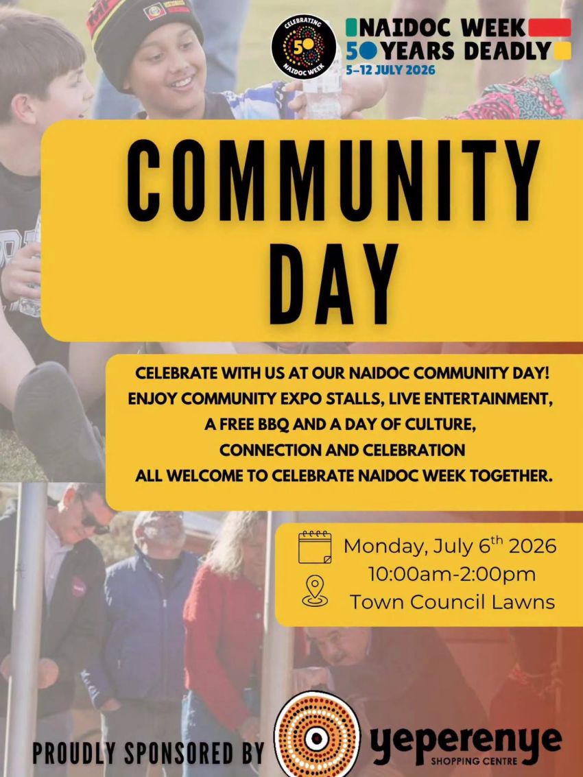 Artwork and poster for event "Mparntwe 2026 NAIDOC Community Day" 10am 06/07/2026 Alice Springs Town Council Lawns, 93 Todd St, Alice Springs NT 0870