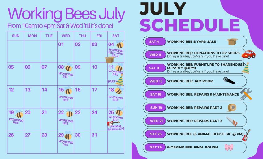 Artwork and image for events "Rewind Move Out Working Bees" July calendar and schedule