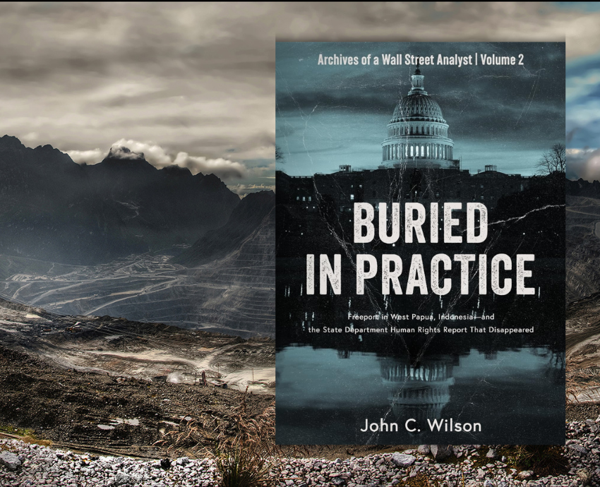 Panorama of Grasberg mine and book cover