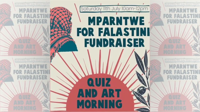 Artwork and image for event "Mparntwe for Falastin Quiz and Art Morning Fundraiser" 10am-12pm 11/07/2026 Watch This Space, 8 Gap Rd, The Gap NT 0870