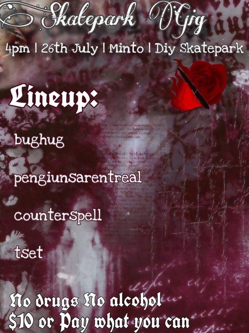 Artwork and poster for event "Skatepark Gig" 4pm 26/07/2026 Minto, direct message instagram.com/rosy.rev or email RevOrgSY@proton.me for location