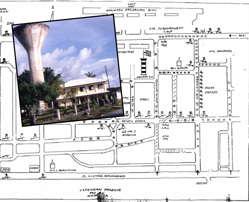 Hand-drawn map and photo of the Biak water tower