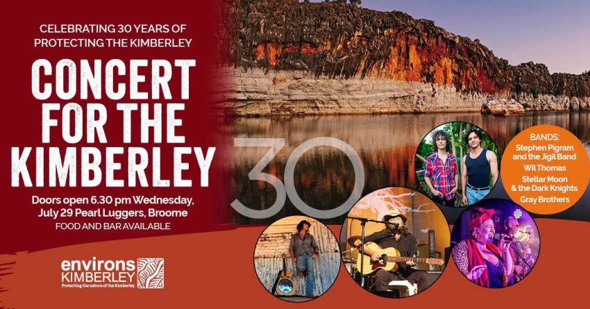 Artwork and image for event "Concert for the Kimberley – Celebrating 30 years" 6:30pm AWST 29/07/2026 Pearl Luggers Broome, 31 Dampier Terrace, Broome WA 6725