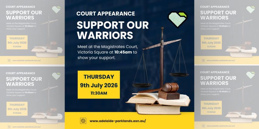 Artwork and image for event "Stand With Our Warriors at Adelaide Magistrates Court" 10:45am 09/07/2026 Adelaide Magistartes Court, 260 Victoria Square, Adelaide SA 5000