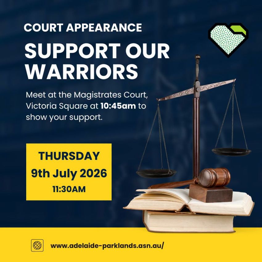 Artwork and slide for event "Stand With Our Warriors at Adelaide Magistrates Court" 10:45am 09/07/2026 Adelaide Magistartes Court, 260 Victoria Square, Adelaide SA 5000