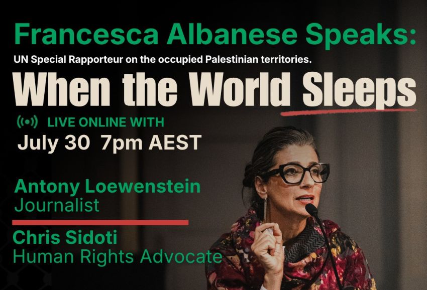 Artwork and image for event "Francesca Albanese Speaks: When the World Sleeps" 7pm AEST online with Zoom, register now us06web.zoom.us/webinar/register/WN_e4CbCXuDR4asbGk9TNrkvQ#/registration