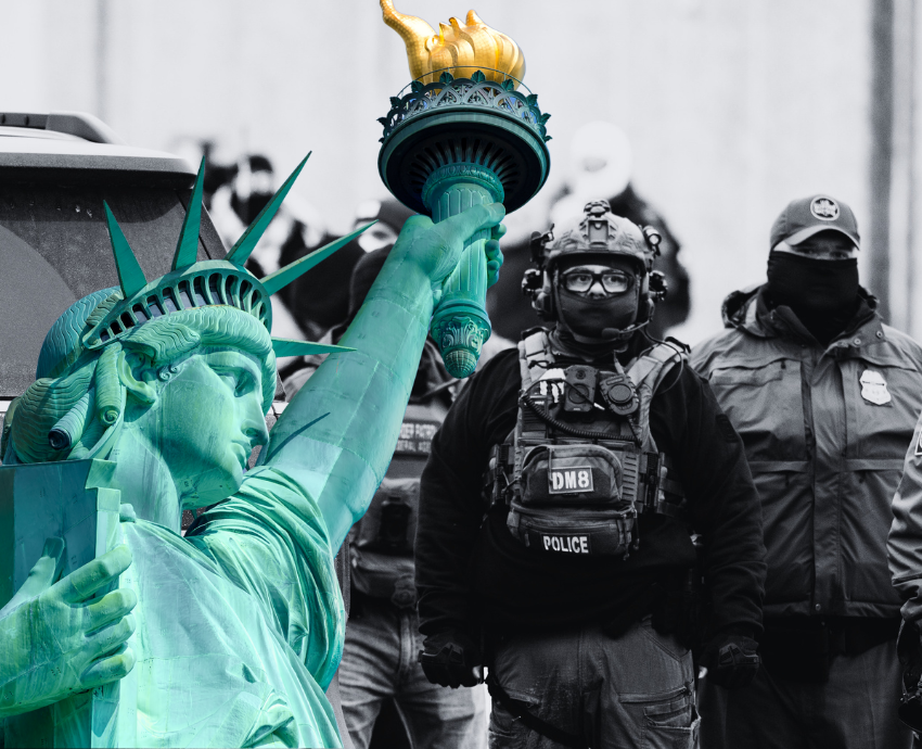 AStatue of Liberty torch, ICE agents