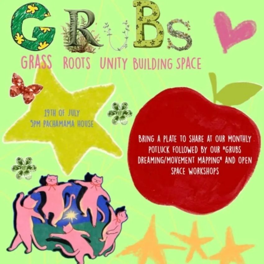 Artwork and image for event "GRUBS monthly gathering' 5pm-8:30pm 19/07/2026 Pachamama House, 21 Gordon Ave, Hamilton East NSW 2303