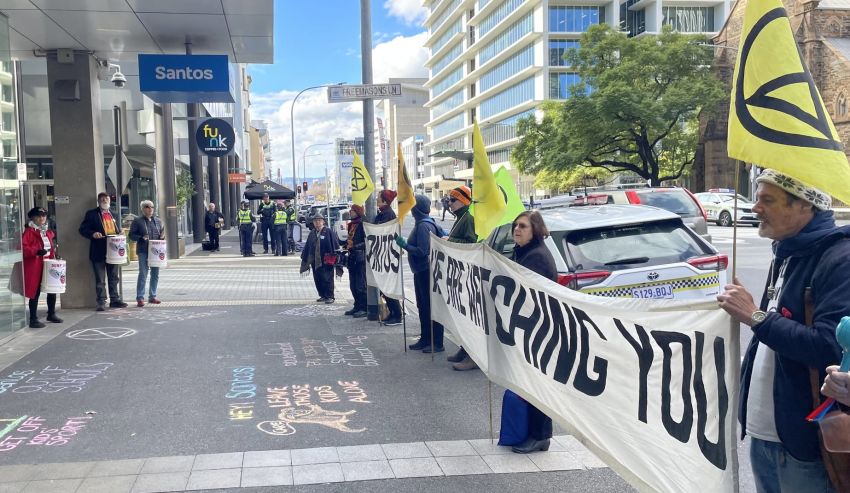 Extinction Rebellion SA protest outside Santos offices in Tarntanya