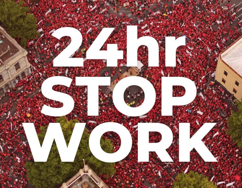 Artwork and image for event "Victorian public school staff 24-hour stopwork march to parliament" 10:30am 23/07/2027 Meet at Bourke Street Mal and march to Parliament of Victoria for rally