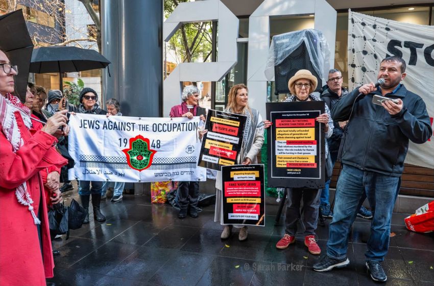 Palestinian Australian activist Shamikh Badra speaks at a protest near the Royal Commission into Antisemitism and Social Cohesion, Gadigal Country/Sydney, July 9. Photo: Sarah Barker