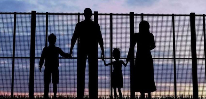 Artwork of a refugee family being a detention centre fence