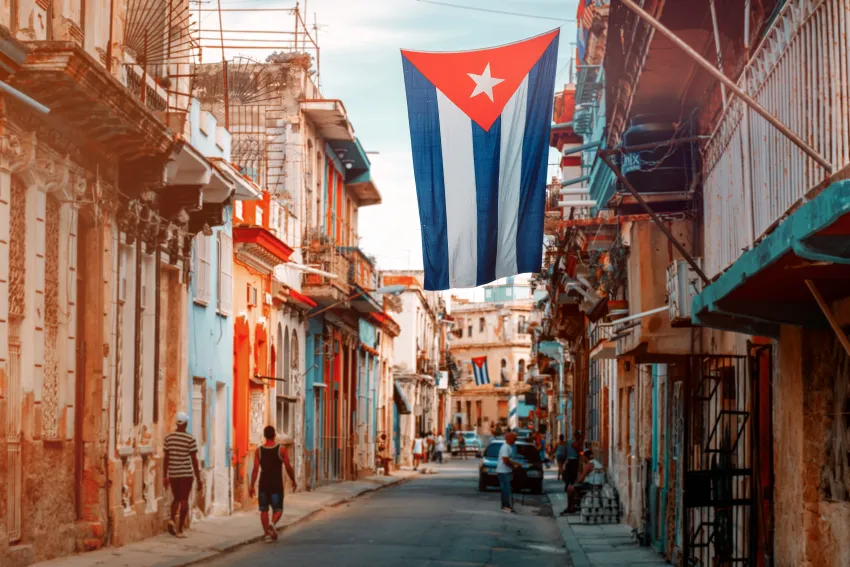 Cuban flag hangs above Havana streets