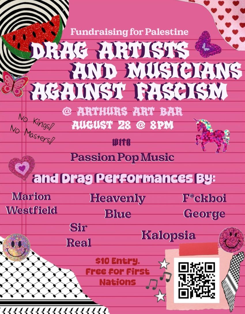 Artwork and poster for event "Drag Artists and Musicians Against Fascism" 7pm-11:59pm 28/08/2026 Arthur Art Bar, 66 Currie St, Adelaide SA 5000