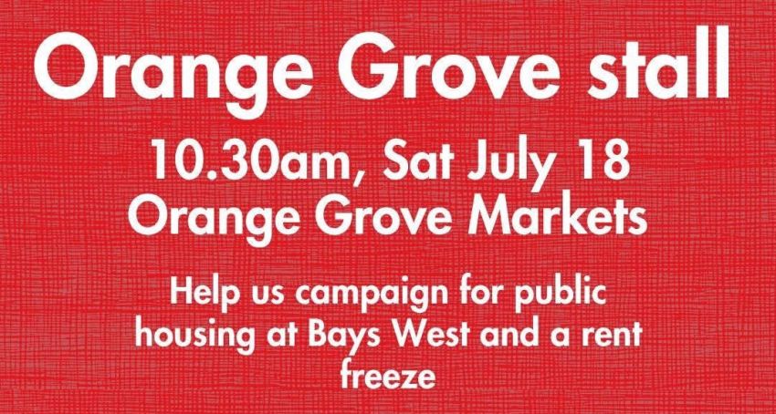 Artwork and image for event "Socialist Alliance Orange Grove campaign stall" 10:30am 18/07/2026 Orange Grove Markets, 31 Perry Street, Lilyfield NSW 2040