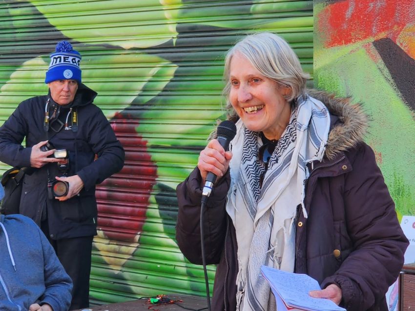 sue bolton addresses accessible tram stop rally