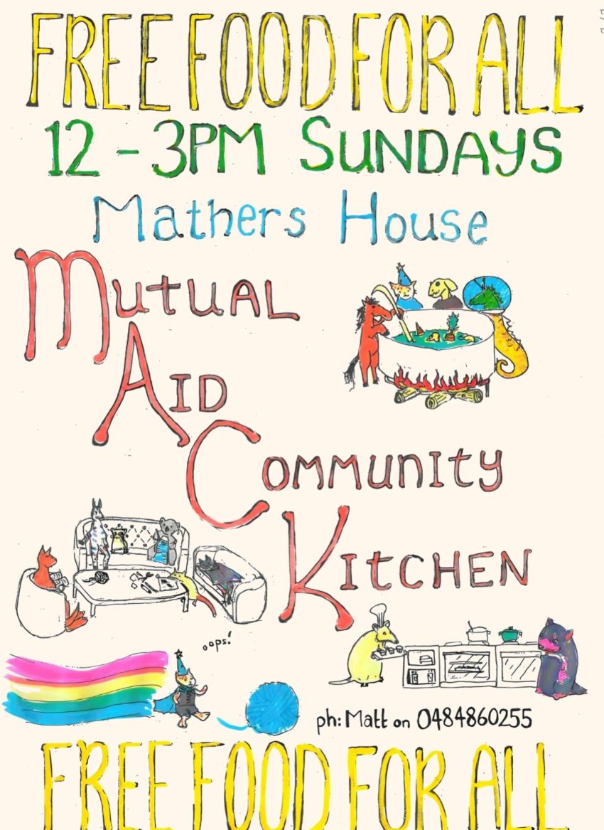 Artwork and image for event "Mutual Aid Community Kitchen" every Sunday 12pm-3pm Mathers House, 108-110 Bathurst St, Nipaluna Lutruwita 7000