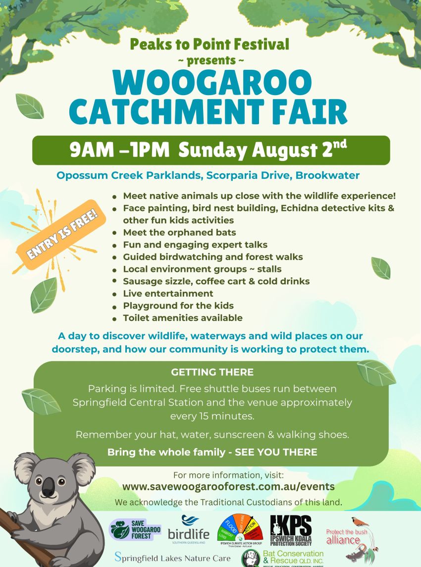 Artwork and poster for event "Woogaroo Catchment Fair" 9am-1pm 02/08/2026 Opossum Creek Parklands, Scorparia Drive, Brookwater Qld 4300