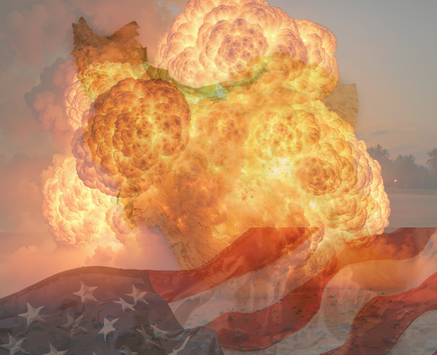explosion, USA flag, map of Iran