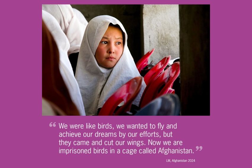 Photograph of Afghan child by Batoor Ali Barat with quote from LM, Afghanistan 2024 that reads "  We were like birds, we wanted to fly and achieve our dreams by our efforts, but  they came and cut our wings. Now we are imprisoned birds in a cage called Afghanistan."
