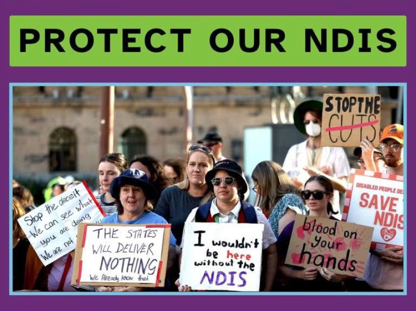 Artwork and image for event "Protect Our NDIS - Brisbane/Magan-djin/Meanjin National Day of Action" 1pm 01/08/2026 Queens Gardens, 144 George St, Brisbane City QLD 4000