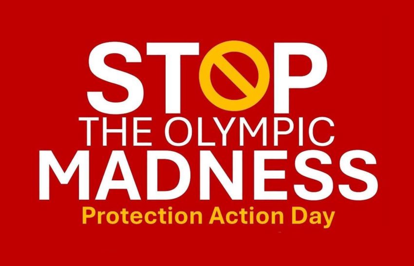 Artwork and image for event "Stop the Olympic Madness – Protest action day" 4pm-4:45pm 23/07/2026 Queensland Parliament, George St & Alice St Brisbane City QLD 4000