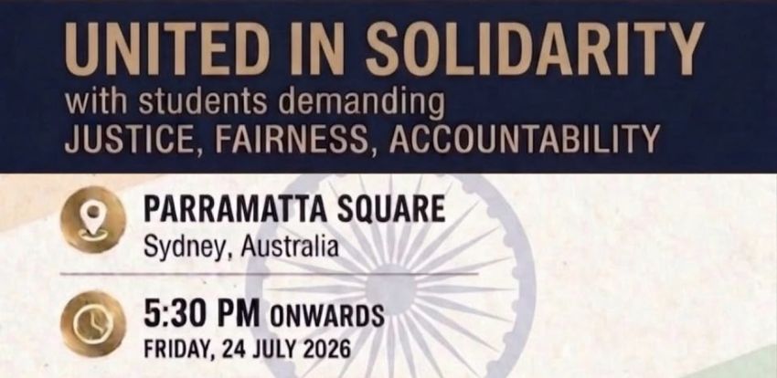 Artwork and image for event "Solidarity vigil: Stand with student protests in India – Parramatta" 5:30pm 24/07/2026 Parramatta Square, Darcy St &, Macquarie St, Parramatta NSW 2150