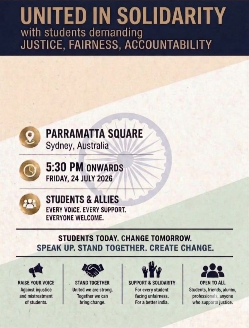 Artwork and image for event "Solidarity vigil: Stand with student protests in India – Parramatta" 5:30pm 24/07/2026 Parramatta Square, Darcy St &, Macquarie St, Parramatta NSW 2150