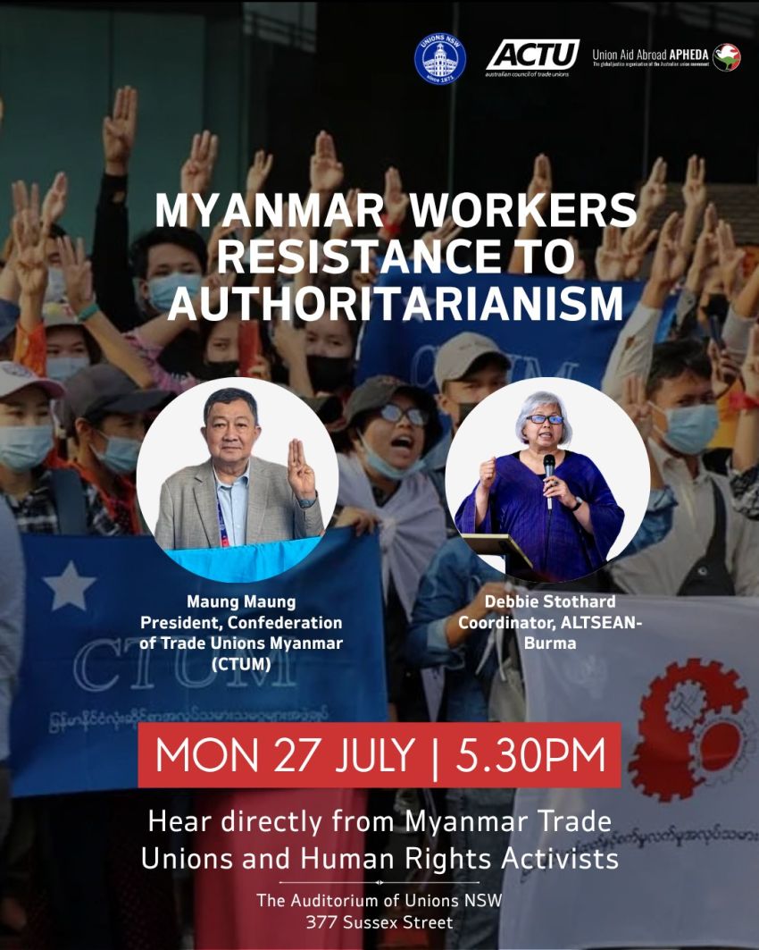 Artwork and image for event "Myanmar Workers Resistance to Authoritarianism" 5:30pm 27/07/2026 Trades Hall Auditorium, 377 Sussex Street, Sydney NSW 2000