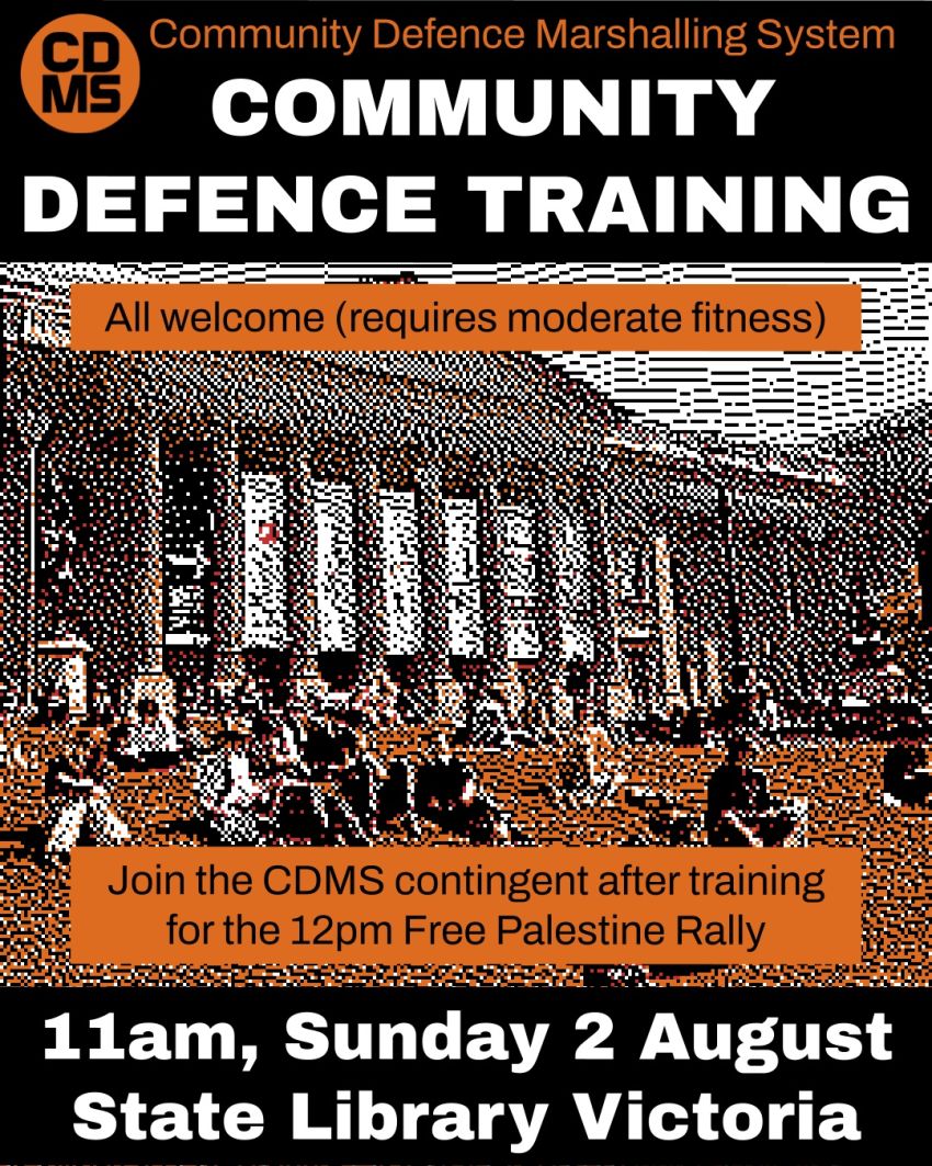 Artwork and image for eevent "Community Defence Training" 11am 02/08/2026 State Library Victoria, 328 Swanston St, Naarm VIC 3000