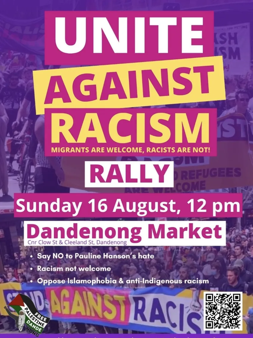Artwork and image for event "Community Rally: Unite Against Racism – Migrants are welcome, racists are not!" 12pm 16/08/2026 Dandenong Market, Clow Street &, Cleeland St, Dandenong VIC 3175