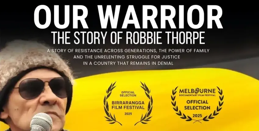 Artwork and banner image for documentary film "Our Warrior: The story of Robbie Thorpe"