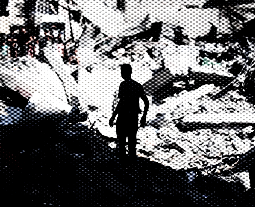 silhouette against background of rubble