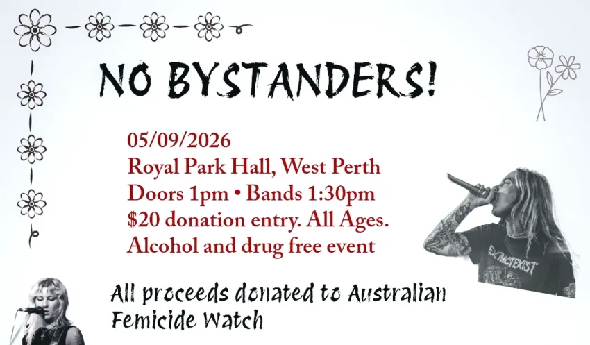 Artwork and image for event "No Bystanders!" 1pm 05/09/2026 Royal Park Hall, 180 Charles St, West Perth WA 6005