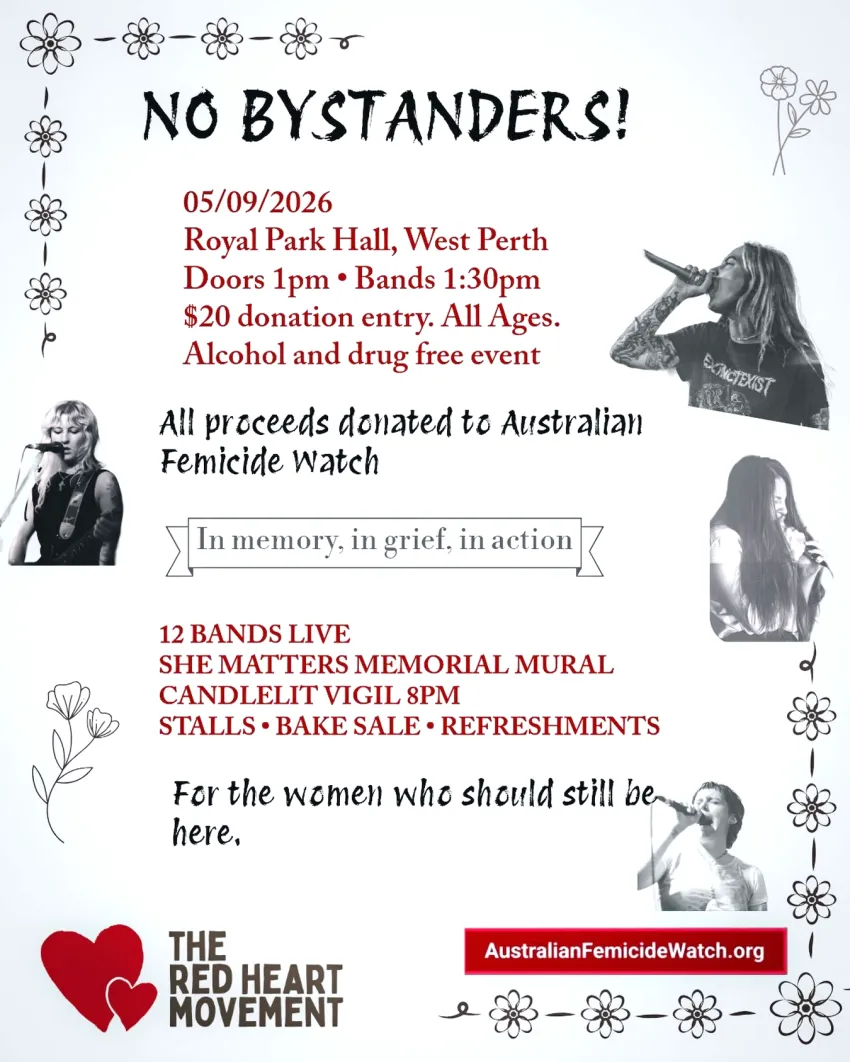 Artwork and image for event "No Bystanders!" 1pm 05/09/2026 Royal Park Hall, 180 Charles St, West Perth WA 6005