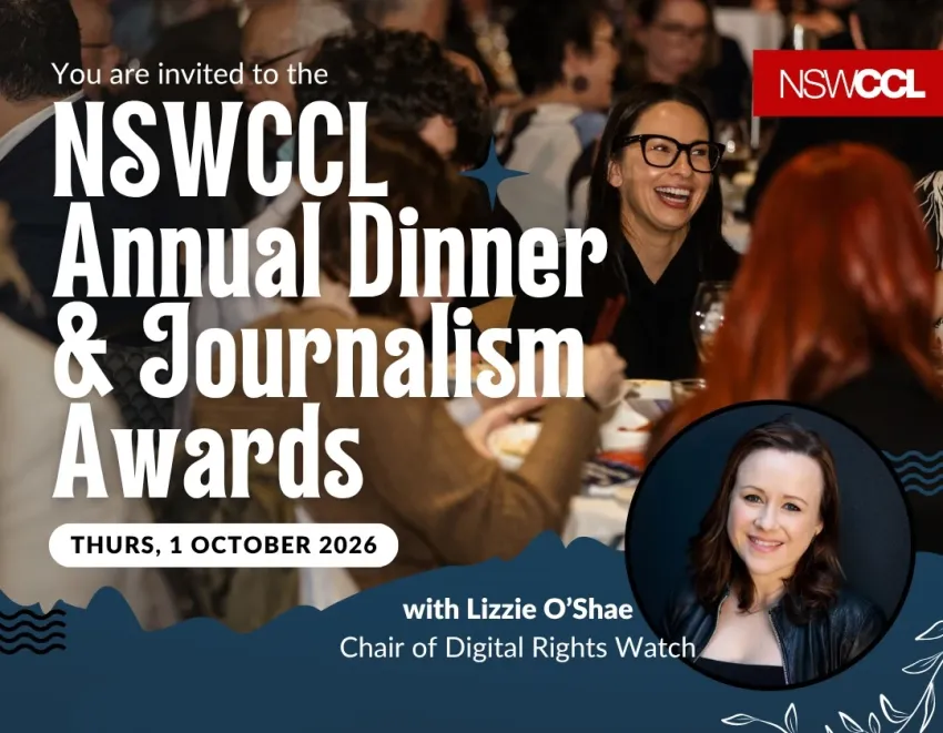Artwork and image for event "NSWCCL Annual Dinner & Journalism Awards" 6pm-9:30pm 01/10/2026 Sky Phoenix Restaurant, 188 Pitt St, Sydney NSW 2000