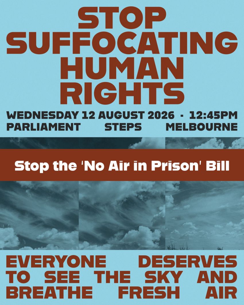 Artwork and image for event "Stop Suffocating Human Rights" 12:45pm 12/08/2026 Parliament of Victoria, Spring St, East Melbourne VIC 3002