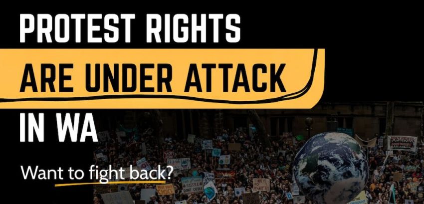 Artwork and image for event "Webinar: Stop WA anti-protest laws" 6pm AWST 17/08/2026 Online with Zoom, register at australiandemocracy.org.au/WA-Protest-Webinar?