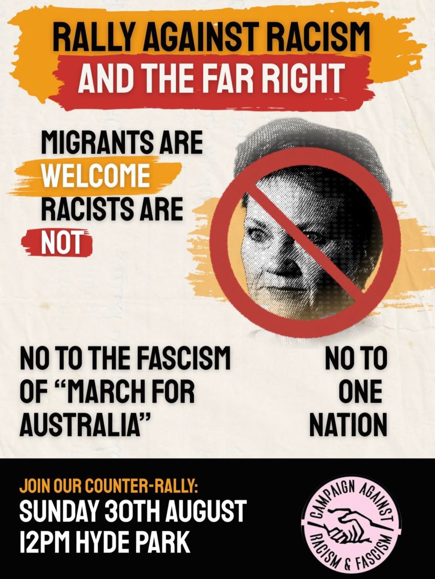 Artwork and image for event "Rally Against Racism and the Far Right" 12pm 30/08/2026 Hyde Park, Elizabeth St, Sydney NSW 2000